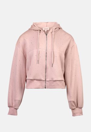 Klippt rosa hoodie med silverdetaljer, dragkedja fram, huva och ribbade ärmar. Tillverkad av mjukt tyg med en slät yta.