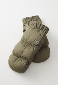 Zelené zateplené rukavice s prošívaným vzorem, elastickými manžetami a logem. Vyrobené z lehkého, voděodolného materiálu.
