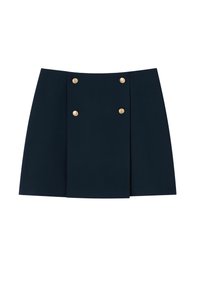 Mini-jupe bleu marine en tissu lisse, dotée d'une taille haute et de deux boutons dorés sur le devant avec des plis superposés.