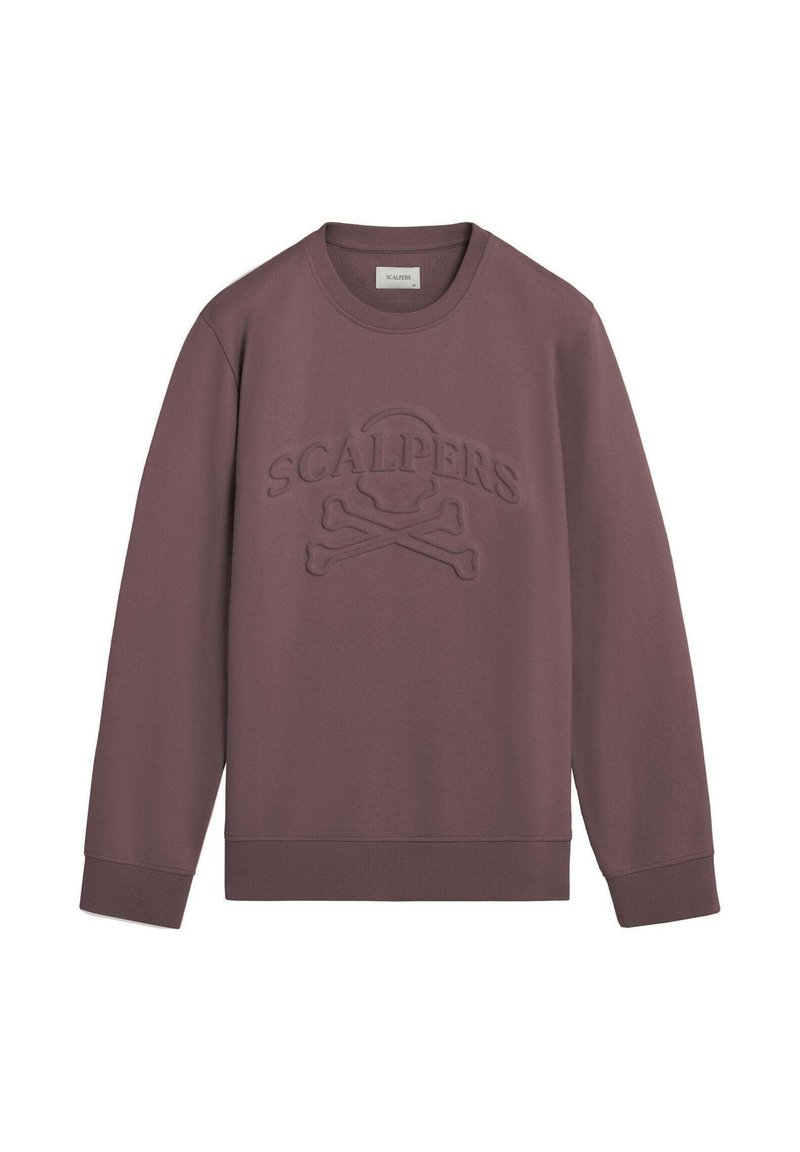 Sweatshirt vișiniu cu guler rotund, mâneci lungi, manșete strâmte și un logo „SCALPERS” embosat cu design de craniu și oase încrucișate.