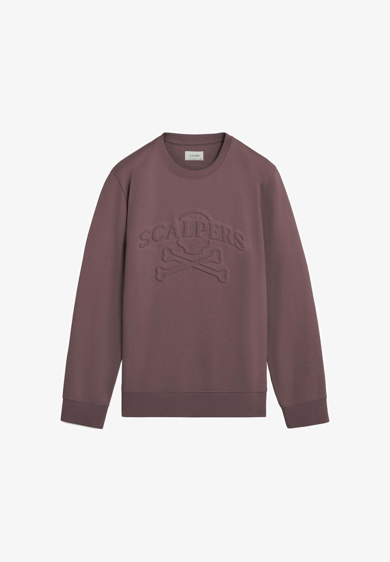 Bordeaux sweatshirts med rund halsudskæring, lange ærmer, ribbede manchetter og et præget "SCALPERS" logo med et kranie- og korsknogleskilt.