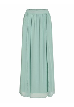 Light teal, long chiffon skirt with an elastic waistband, featuring a flowing, gathered design and a sheer, layered finish at the hem.