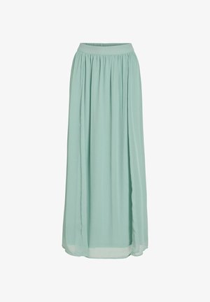 Lys teal, lang chiffon nederdel med elastisk talje, der har et flydende, samlet design og en gennemsigtig, lagdelt finish ved kanten.