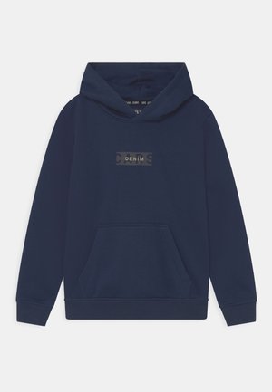 Sudadera azul marino con bolsillo frontal tipo canguro y logo "CARS DENIM" impreso en el pecho.