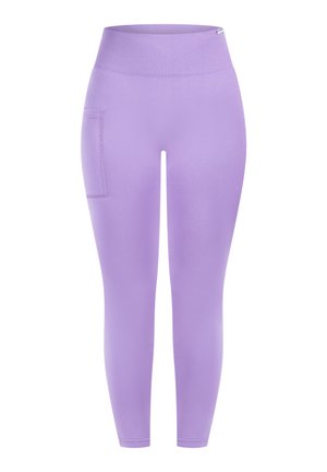Fioletowe legginsy z wysokim, prążkowanym pasem i boczną kieszenią. Wykonane z elastycznego materiału, mają gładkie, matowe wykończenie.