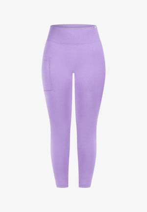 Paarse legging met een hoge, geribbelde tailleband en een zijzak. Gemaakt van rekbaar materiaal, ze hebben een gladde, matte afwerking.