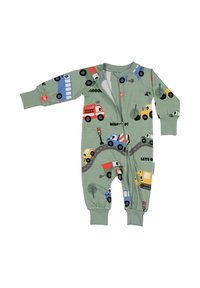 Grön barnonesie med olika fordonstryck, inklusive brandbilar och bilar, med dragkedja fram och åtsittande ärmslut.