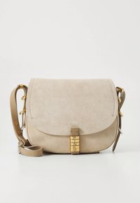 Beige suede shoulder bag with flap closure, adjustable strap, gold-tone hardware, and "PINKO" branding detail on the front.