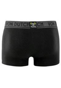 Boxer shorts en coton noir avec une ceinture élastique grise arborant le logo "Von Dutch" et des détails d'accent, sans motifs ni textures visibles.