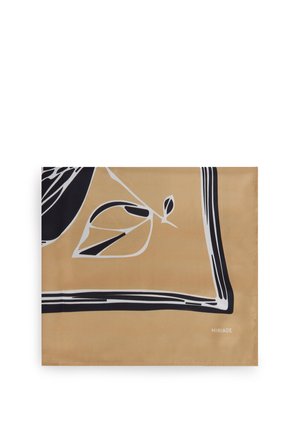 Tessuto rettangolare beige con motivi astratti di foglie in bianco e nero e bordo a doppia linea, etichettato "MIRIADE" nell'angolo in basso a destra.