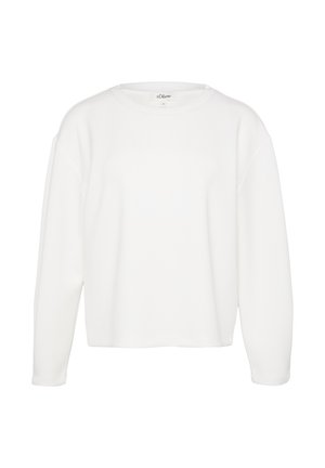 Biały sweter z długim rękawem, okrągłym dekoltem i luźnym krojem. Miękka faktura i ściągacze na rękawach. Prosty design bez wzorów czy akcentów.