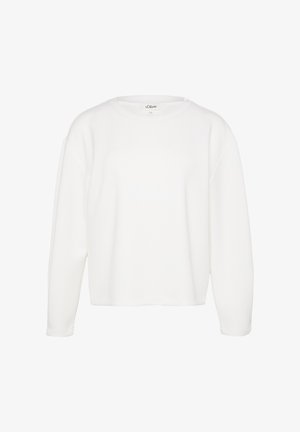 Biały sweter z długim rękawem, okrągłym dekoltem i luźnym krojem. Miękka faktura i ściągacze na rękawach. Prosty design bez wzorów czy akcentów.