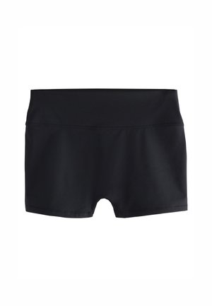 Costumi da bagno neri elasticizzati con un ampio elastico in vita, progettati per una vestibilità aderente e una copertura corta delle gambe.