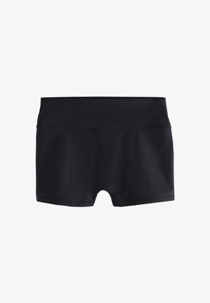 Zwarte rekbare zwembroek met een brede tailleband, ontworpen voor een strakke pasvorm en korte beenbedekking.