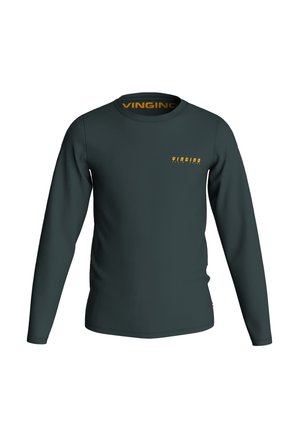 T-shirt vert foncé à manches longues avec col rond et petit logo jaune "Vingino" sur la poitrine et à l'intérieur du col.