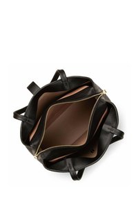 Borsa tote in pelle nera con doppi scomparti con zip, esterno testurizzato, interno liscio e manici piatti. Dettagli in oro sulla zip inclusi.