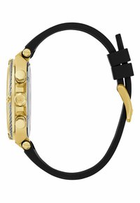 Gold-tone metal watch with a black rubber strap. Features a textured silver dial, three push buttons, and a secure clasp. Side view shown.