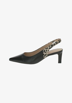 Black pointed-toe slingback heel with mid-height block heel and leopard print detail on the strap and heel area.