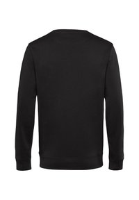 Sudadera negra de manga larga vista desde la parte de atrás, con puños y dobladillo acanalados, diseño sencillo y cuello redondo.