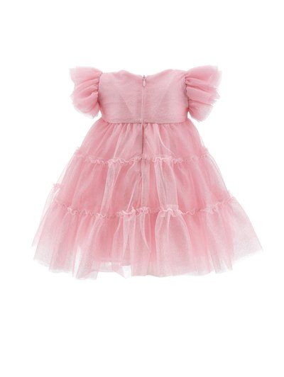 Roze tule jurk met pofmouwen, gelaagde ruffles en een verborgen rits aan de achterkant. Zachte textuur en lichtgewicht design.