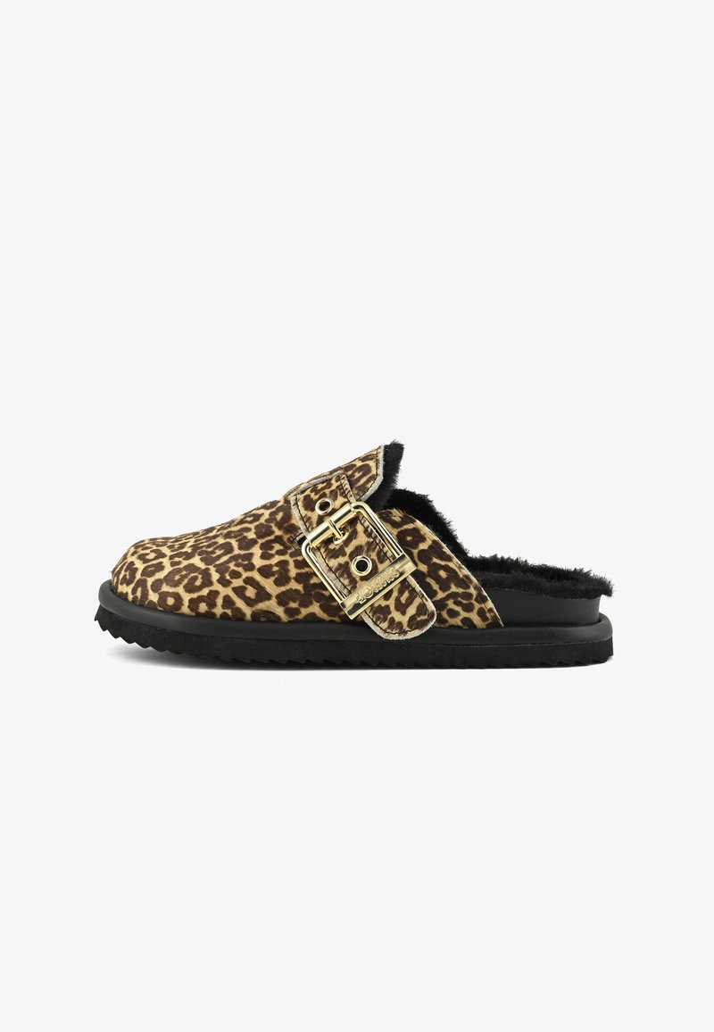 Slip-on mule with leopard print, black faux fur lining, and large gold buckle on black sole.