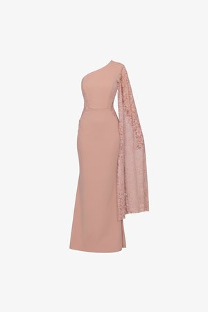 Floor-length blush pink gown with one long sheer lace sleeve and a high neckline, fitted at the waist and hips.