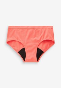 Slip di colore corallo con una texture liscia, dotati di pannelli laterali neri e un design classico a vita media. Tessuto elasticizzato per il massimo comfort.