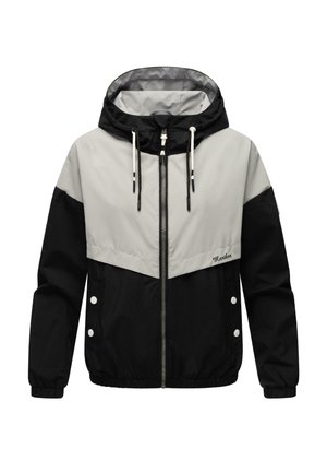 Chaqueta con capucha en negro y gris, con cierre de cremallera en la parte delantera, puños elásticos y un diseño de bloques de color en contraste. Presenta botones a presión blancos y cordones.