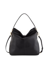 Czarna skórzana torebka o miękkim, luźnym fasonie. Posiada pojedynczy, zaokrąglony uchwyt oraz odpinany pasek na ramię z złotymi detalami.