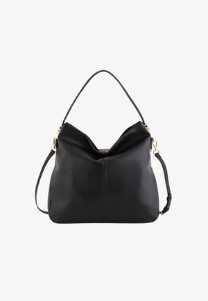 Black leather handbag with a soft, slouchy design. Features a single curved handle and a detachable shoulder strap with gold hardware accents.