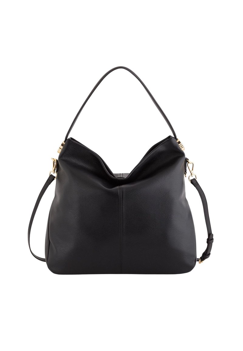 Czarna skórzana torebka o miękkim, luźnym fasonie. Posiada pojedynczy, zaokrąglony uchwyt oraz odpinany pasek na ramię z złotymi detalami.