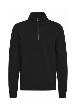 Schwarzes Half-Zip-Sweatshirt mit hohem Kragen. Lange Ärmel und gerippte Bündchen. Weicher, glatter Stoff ohne Muster oder sichtbare Logos.