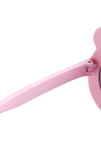 Roze zonnebril met ronde glazen en een dik montuur. De lichtgewicht pootjes hebben een textuuraccent en zijn gemarkeerd met "Made in China 3-6YRS."