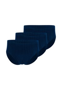 Marineblaue Slips mit einem Karomuster, ausgestattet mit einem breiten Bund und einer glatten Textur. Drei Stück im Set, die für eine bequeme Passform konzipiert sind.