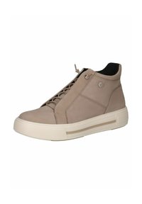 Beige high-top sneaker made of smooth leather with a minimalistic design, featuring a white rubber sole and subtle logo detail.
