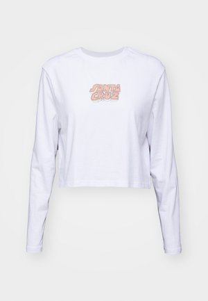 White long-sleeve cropped t-shirt made of cotton, featuring a multicolored "SANTA CRUZ" logo printed on the chest.
