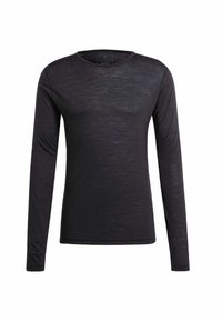Czarna, długosleeve koszulka z miękkiego materiału, z okrągłym dekoltem, slim fit, gładką fakturą i subtelnym poziomym wzorem.