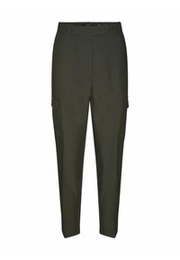 Olivgrüne Cargo-Hosen mit schmalem Schnitt, ausgestattet mit zwei Fronttaschen, Seitentaschen und ausgeprägten Nähdetails.