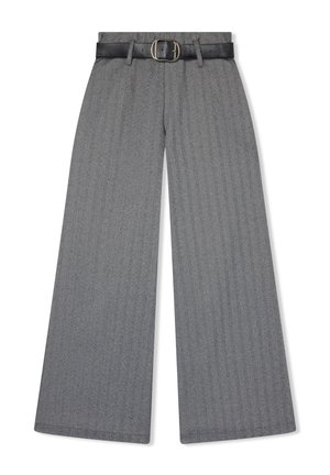 Spodnie w kolorze szarym o wysokim stanem i szerokich nogawkach w wzór w jodełkę, z tunelami na pasek oraz czarnym skórzanym paskiem z metalową klamrą.