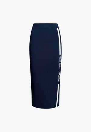 Gonna blu navy in un tessuto elastico con vita alta, caratterizzata da una striscia laterale bianca e il testo "RED BULL RACING" in bianco.