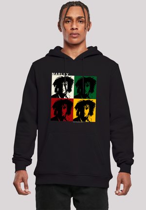 Black hoodie featuring a front graphic of four stylized portraits in green, yellow, red, and black, depicting a man with long hair.