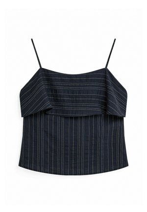 Top bleumarin cu dungi verticale, design off-the-shoulder, curele subțiri ajustabile și un finisaj din țesătură texturată.
