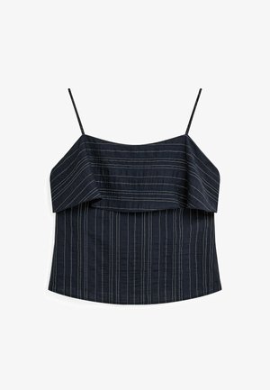 Tengerészkék felső függőleges csíkokkal, vállra csúsztatott kialakítással, vékony állítható pántokkal és texturált anyagú véggel.