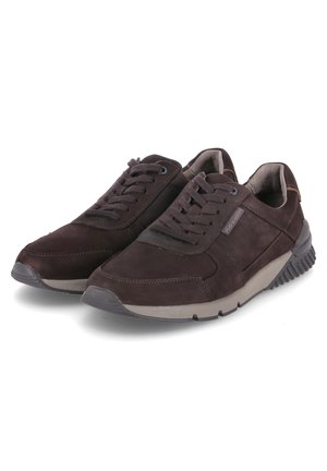 Brown suede sneakers featuring a lace-up design, rubber outsole with traction, and a padded collar for comfort. Subtle hardware accents on the sides.