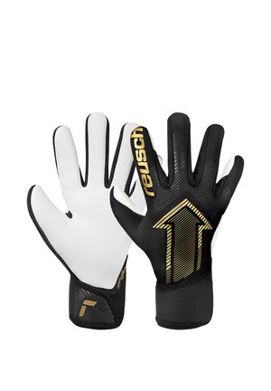 Goalkeeper gloves with black and white design, gold arrow graphic on backhand, and brand name "reusch" on index finger.