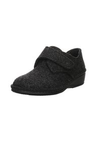 Gray felt slipper with adjustable Velcro strap and low black rubber heel. Features a rounded toe and textured surface.