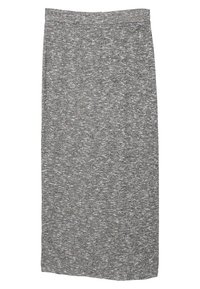 Grauer gestrickter Bleistiftrock mit glatter Textur, ausgestattet mit einem elastischen Bund und in einheitlicher Farbe ohne Muster oder Verzierungen.