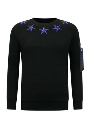 Zwarte sweatshirt met geborduurde paarse sterren langs de halslijn, geribbelde boorden en zoom, met een ritsaccent op de linkermouw.