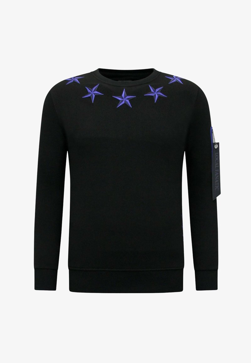 Zwarte sweatshirt met geborduurde paarse sterren langs de halslijn, geribbelde boorden en zoom, met een ritsaccent op de linkermouw.