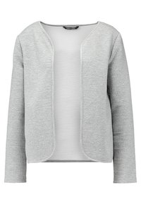 Cardigan gris clair ouvert sur le devant avec manches longues et tissu côtelé horizontal texturé, sans boutons ni fermetures, de la marque Only You.